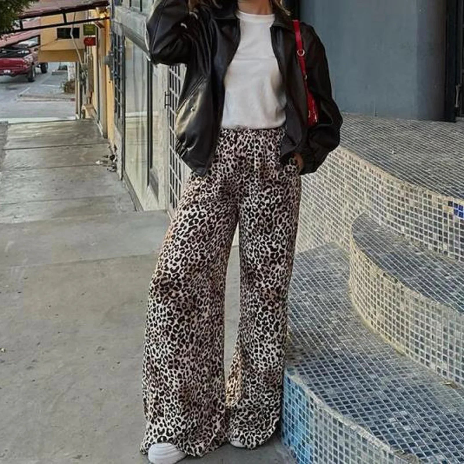 Fashion Vintage Leopard Print Wide-leg Pants Women Casual High-waisted Trouser Spring Summer Office Lady Clothes Streetwear Pbong