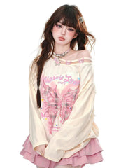 Streetwear Bufferfly T Shirt Women Loose Hollow Out Long Sleeve Vintage Tees American Sweet Casual Oversize Letter New Tops voguable