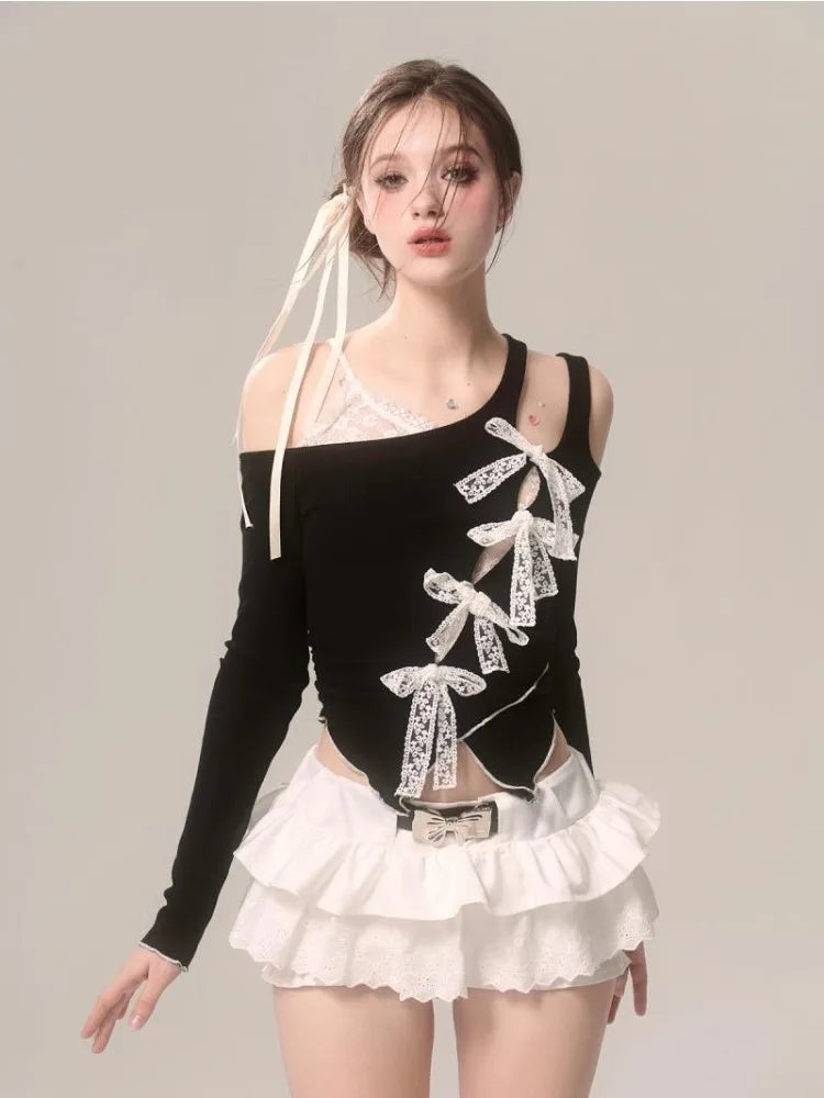 Voguable Summer Women Lace Fake Two Piece Blouse Japanese Style Bow Kawaii Y2k T Shirt Spicy Girl Aesthetics Slim Fashion Tees Chic voguable