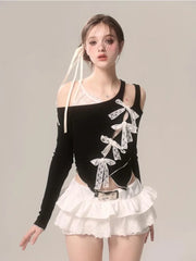 Voguable Summer Women Lace Fake Two Piece Blouse Japanese Style Bow Kawaii Y2k T Shirt Spicy Girl Aesthetics Slim Fashion Tees Chic voguable