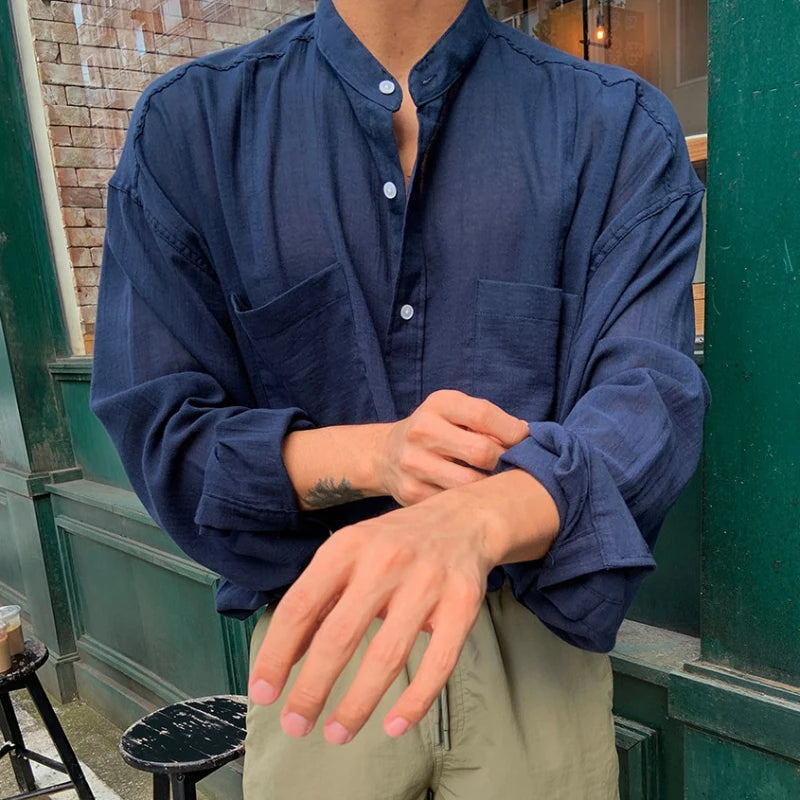 Voguable Beach Long Sleeve Linen Shirt, Men's Solid Color Loose, South Korea Popular Leisure Linen Shirt, Travel & Outdoor Wear voguable