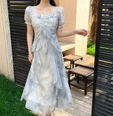 Voguable French Ruffle Printed Long Dress Square Collar Off Shoulder Fairy Dress Slim Summer Short Sleeve Women Casual Vacation Dress voguable