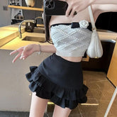 Black Ruffled Mini Skirt Women Y2K Summer Sweet Preppy Casual Shorts Skirts Korean High Waist Folds A Line Skirts voguable