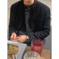 Men's Casual Luxury Jacket High Street Button Down O Neck Long Sleeve Solid Color Retro Texture Coat Autumn Korean 2024 New voguable