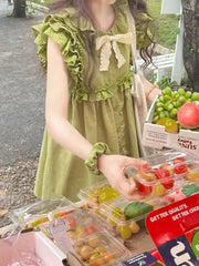 Voguable Dress Bow Designer Lace Summer Green Kawaii Women Party Mini Dress Female Casual Korean Fashion Elegant Cute Dress 2024 voguable