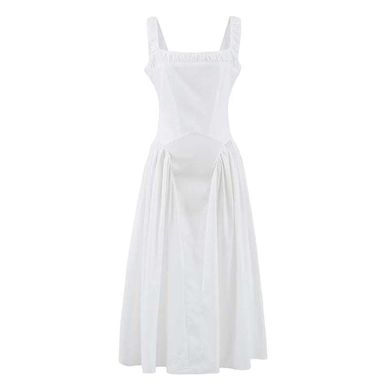 New Women Midi Long White Tank Dress Sexy Sleeveless Low Waist Elegant Holiday Party Dresses Female Cotton A-line Robe voguable