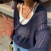 Women's Pointelle Knit Top Scoop Neck Long Sleeve Openwork Pullover Sweater Hollow-out Tops Summer Cover Up Boho Chic Outfit voguable