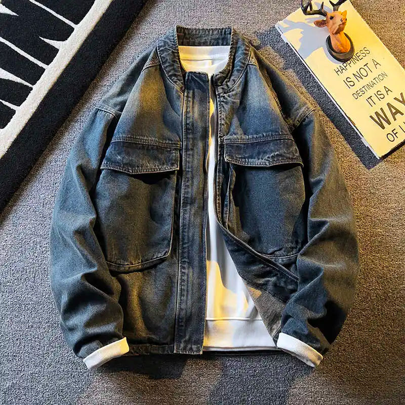 Spring Autumn Old Blue Loose Large Pocket Stand Collar Denim Jacket Men's Retro American High Street Zipper Jacket Top Urban voguable