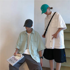 Summer Short Sleeved Shirt Men Pocket Casual Shirt Men Japanese Streetwear Loose Ice Silk Shirts Mens White Shirt Plus Size 4XL voguable