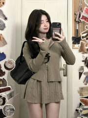 Voguable Korean Fashion Women 2 Piece Set Casual Zipper Sweater Blouse + Elegant Slim Mini Skirt Party Pure Color Clothing Autumn voguable