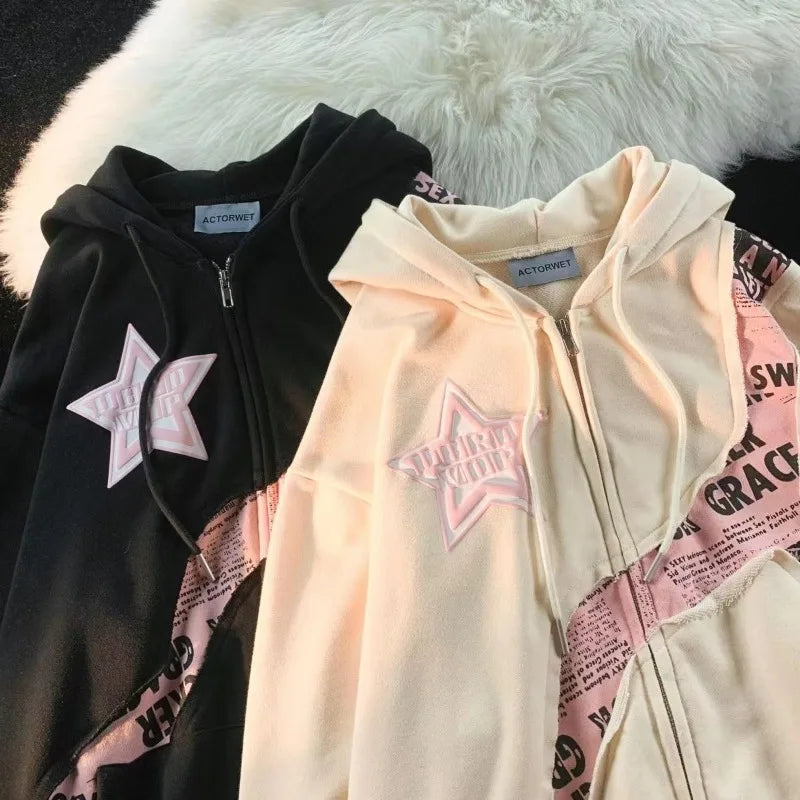 Letter Print Sweatshirts Gothic Streetwear Vintage Loose Patchwork Tops Coats Zip Up Hoodies Women Harajuku Hip Hop Top voguable