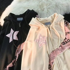 Letter Print Sweatshirts Gothic Streetwear Vintage Loose Patchwork Tops Coats Zip Up Hoodies Women Harajuku Hip Hop Top voguable