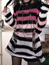Voguable Punk Gothic Striped Sweater Women Harajuku Hollow Out Hole Broken Jumper Female Autumn Fashion Loose Long Sleeve Knitted Sweater voguable
