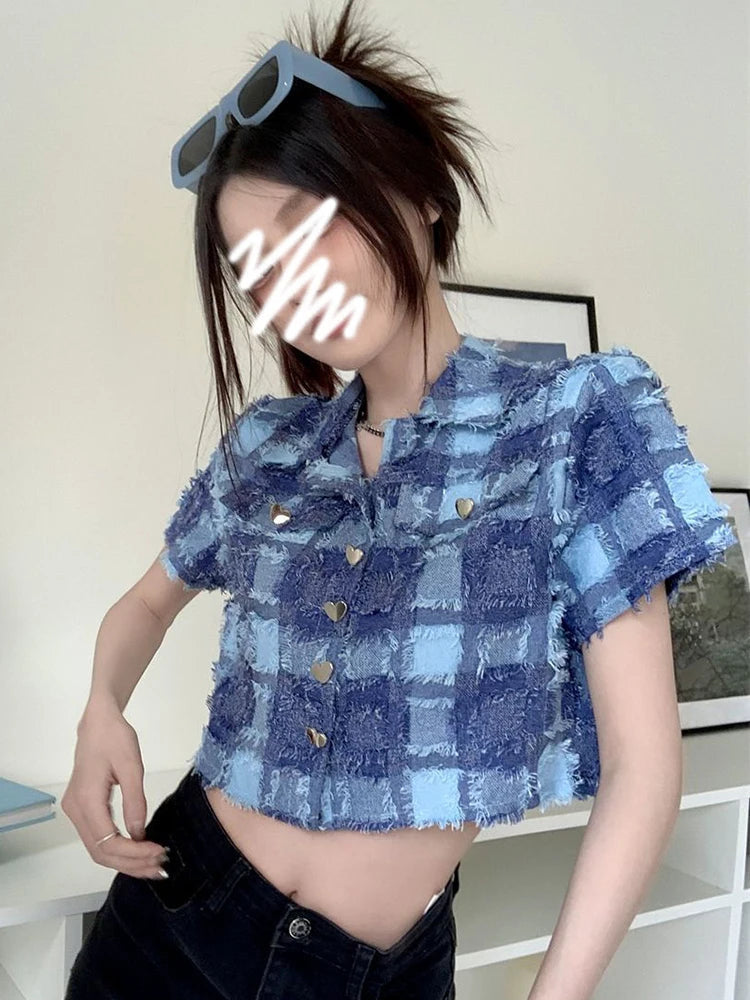 Tassel Cropped Plaid Shirt Women Vintage Streetwear Short Sleeve Sexy Blouse Casual Retro American Summer Short Y2K Tops voguable