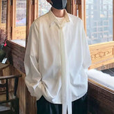 Korean Style Men's Shirts Turn-down Collar Detachable Tie Lace-up Design Single Breasted Casual Solid Color Male Tops 9W180 voguable