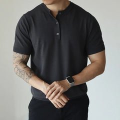 New Fashion American Style Men T-shirt Light Luxury Knitted Henry Collar Tees Casual Solid Color Short Sleeve Breathable Tops voguable
