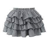 Sweet Girl Plaid Cascade Ruffles Cake Skirt Bow Elastic Waist Saia Mini Summer Skirts