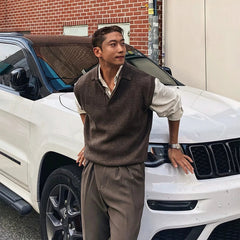 New Korean Fashion Polo Neck Men Sweater Vest Light Luxury Retro Business Knitted Sleeveless Waistcoats Leisure Premium Knitwear voguable