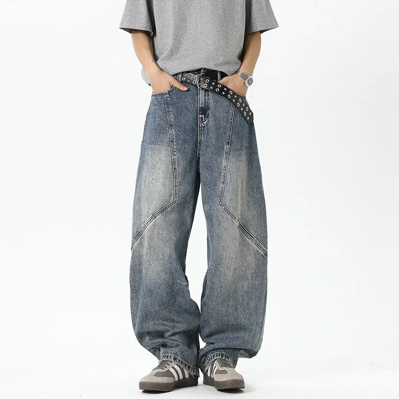 Mens Relaxed Fit Wide Leg Jeans Patchwork Design Floor Length Baggy Streetwear Casual Denim Pants 2025 Trendy Loose Trousers voguable