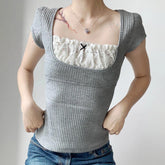 Voguable Y2K Contrast Lace Patchwork Knitted Top Women Cute Casual Basic Short Sleeve T-shirts Summer Coquette Square Collar Tee voguable