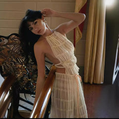 Fashion Solid Hang Neck Long Skirt Suit Women Backless Sling Top Lace Up Fold Maxi Skirts 2024 Spring Summer Female 2 Piece Set voguable