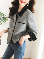 Voguable Elegant Office Lady Grey Tweed Jacket Korean Fashion Buttons Casual Coat Fall Long Sleeve Turn Down Collar Simple Outwear voguable