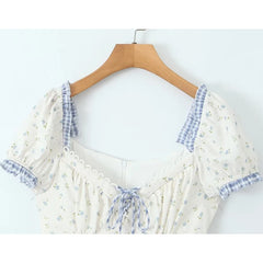 High Quality Women Vintage Drawstring Lace Trim Floral Print Mini Dress Puff Sleeve Ruffle Hem Summer Female Party Robe