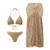 Voguable Holiday Brown Mesh Swimwear Long Skirts Cover Ups Halter String Bikinis Sets 3 Pieses Sexy Swimsuit Women Bikini Beachwear voguable