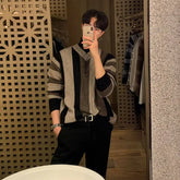 Patchwork Striped V-neck Knit Sweater Pullover Men Autumn and Winter Korean Loose Long Sleeve High Street Pullover Sweater voguable