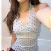 Voguable Vintage Polka Dot Halter Neck Tank Tops Woman Slim Fit Women's Sleeveless Tee Shirt Korean Popular Summer V Neck Sexy Top voguable