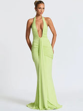Deep V Neck Backless Ruched Sexy Maxi Dress Women Gown Summer Halter Sleeveless Draped Club Party Long Dress voguable