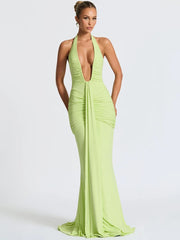 Deep V Neck Backless Ruched Sexy Maxi Dress Women Gown Summer Halter Sleeveless Draped Club Party Long Dress voguable