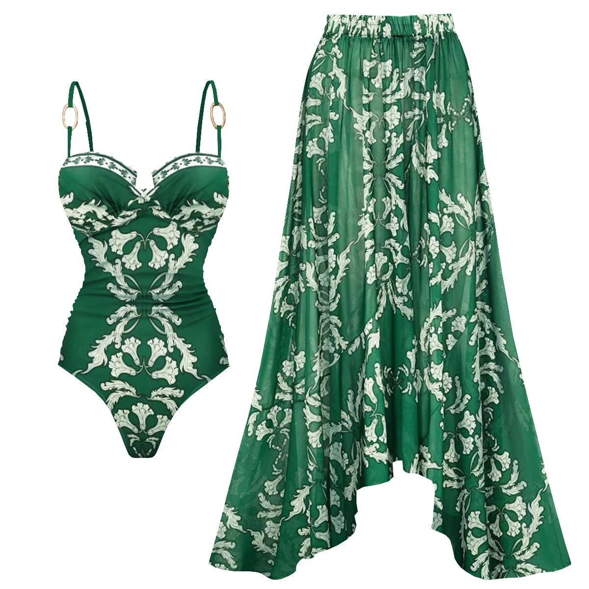 New 2Pcs Deep V Swimsuit Women Sexy Swimwear With Long Skirt Floral Bikini Push Up Biquini Female Bathingsuit Beachwear Cover Up voguable