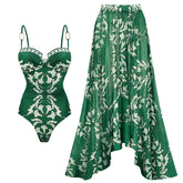 New 2Pcs Deep V Swimsuit Women Sexy Swimwear With Long Skirt Floral Bikini Push Up Biquini Female Bathingsuit Beachwear Cover Up voguable