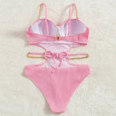 Voguable Sexy Push Up Underwire One Piece Swimsuit Women Solid Pink Metal Chain Hollow Out Ribbed Bathing Suit Backless Swimwear Monokini voguable