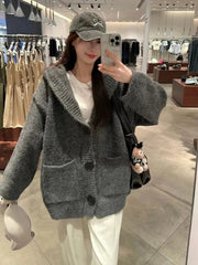 Korean Knitted Hoodie Sweater Women Autumn New Loose Lazy Style Long Sleeve Cardigan Fashion Single Breasted V Neck Knit Coats voguable