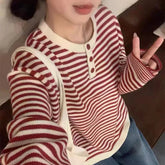 Voguable Vintage Women Striped Knit Sweater Button Crew Neck Long Sleeve Casual Pullover Woman Spring Autumn Loose Fit Casual Sweater Top voguable