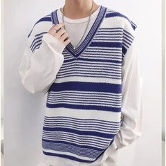 V-neck Striped Knitwear Men's Vest Autumn Pullover Sweater Sleeveless Blue Black voguable