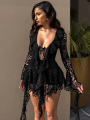 Lace Ruffled Sexy Mini Dress For Women Robe Deep V Neck Flare Long Sleeve Draped A-line Club Party Dress Vestido voguable