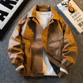 Autumn Winter Fashion Turn-down Collar Long Sleeve Solid Retro Leather Jackets Men's Clothing Rib Sleeven Korean All-match Tops voguable