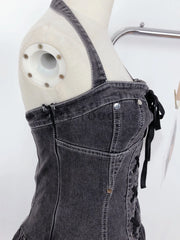 Voguable Aesthetic Vintage Loose Slash Neck Dress Women Summer Elegant Slim Sleeveless Dresses Female Sexy Y2k Lace Up Clothes Streetwear voguable