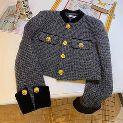 Fashion Stitching Tweed Short Jacket Women Autumn Winter Elegant Office Lady Coat Y2K Korean O Neck Single Breasted Crop Outwear voguable