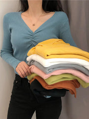 Voguable Sexy V Neck Women Sweater Autumn Knitted Pullover Jumper Chic Soft Korean Slim Long Sleeve Female Basic Top New voguable
