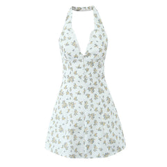 French Style Vintage Print Halter Dress Women Lace Trim A-line Short Summer Dresses Sweet Robe Holiday Vestidos voguable