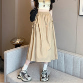 Voguable New Women Versatile Lace Up Drawstring Pocket Skirt Korean Fashion High Waist Workwear Mid Length Women's A-line Skirt voguable