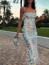 Sequined Tube Top Strap Dress Women Sexy Sleeveless Slim Solid Straight Long Vestidos Fashion Backless Slip Split Evening Robe voguable