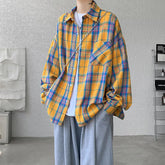 Spring Long Sleeved Shirt Men Retro Yellow Plaid Shirt Men Streetwear Korean Loose Casual Shirt Mens Vintage Shirts Plus Size voguable