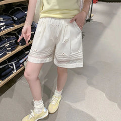 Lace Patchwork Women Shorts Korean High Waist Hollow Out Design Casual Shorts Ladies Fashion Embroidery All Match Wide-Leg Short voguable