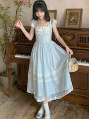 Elegant Blue Long Dress Women Sweet Lace Patchwork Vintage Dress High Quality Casual Flying Sleeve Bow Lady Retro Vestidos voguable