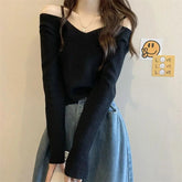Voguable One-shoulder Top French Green Sweater Women New Spring Long-sleeved Inner voguable